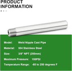 TAISHER 2PCS 304 Stainless Steel Pipe Fittings, 3/8" NPT Male Threaded, 8" Length Weld Nipple Cast Pipe