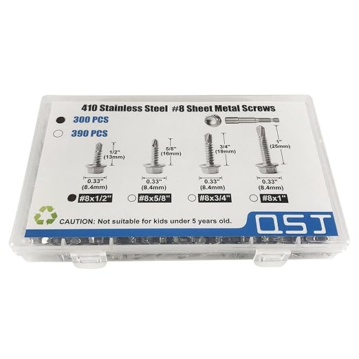 QSJ 300PCS #8 x 1/2'' Sheet Metal Screws 410 Stainless Steel Hex Washer Head Fast Self Tapping Screws with Screwdriver Bit Silver