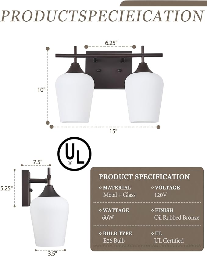 Oil Rubbed Bronze Bathroom Light Fixture, 2 Lights Bathroom Vanity Lights Over Mirror with Milk Glass, Modern Farmhouse Bath Wall Sconce Light, OS-YQ9167-2AW