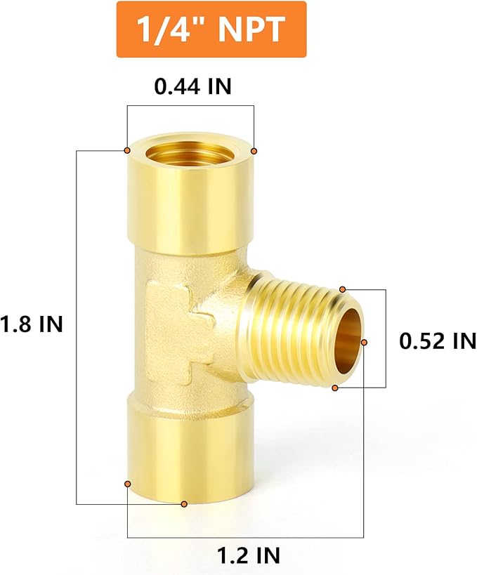 GASHER 2PCS Brass 3 Way Pipe Fitting Male Branch Tee T Adapter 1/4" NPT Female x 1/4" NPT Male x 1/4" NPT Female