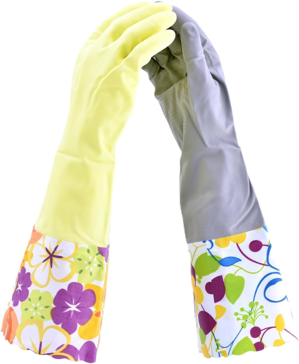 Household Gloves Latex Free Cleaning Grey and Yellow Gloves with Soft Lining Long Cuff 15" & Grip (2 Pair), X-Large