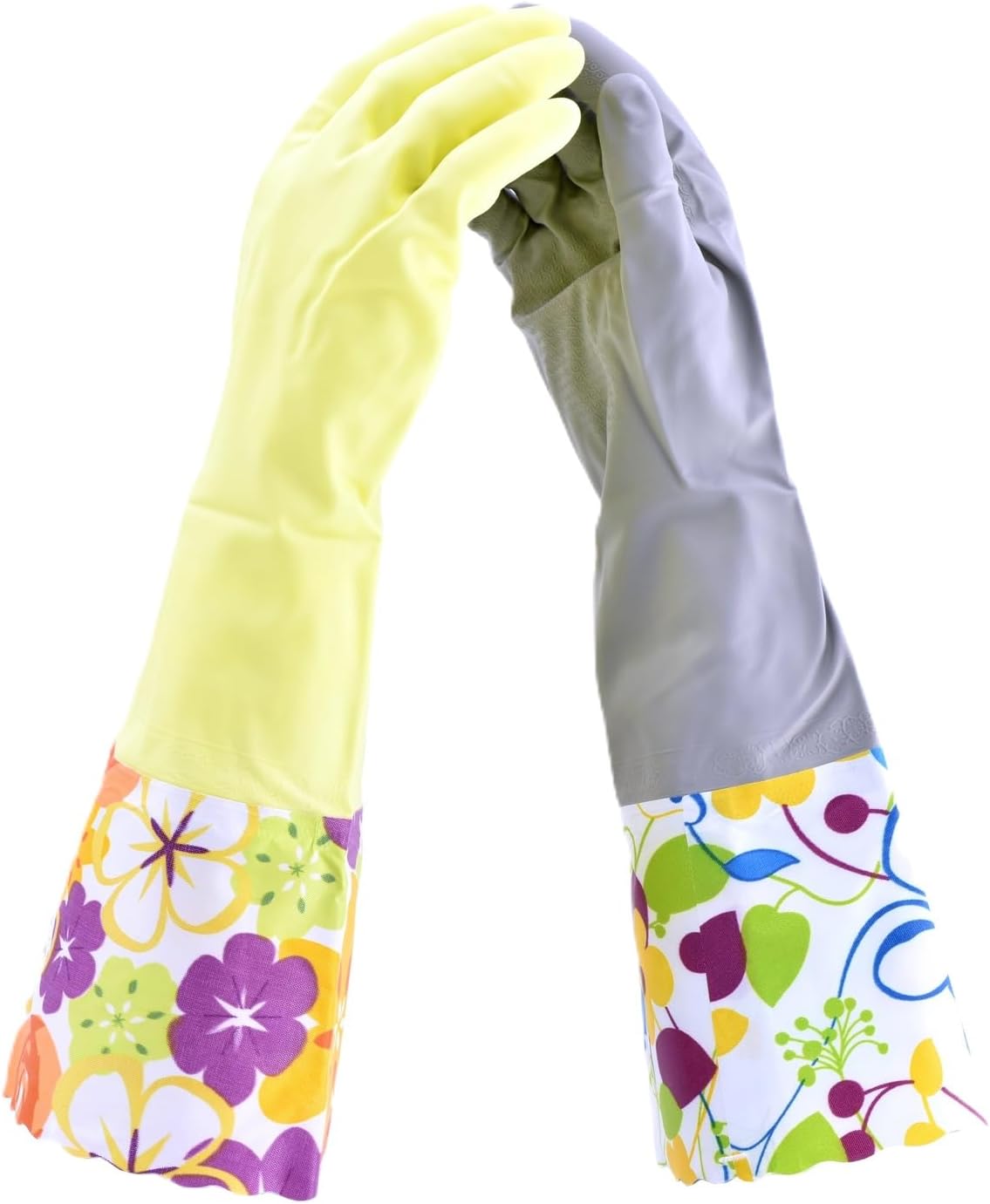 Household Gloves Latex Free Cleaning Grey and Yellow Gloves with Soft Lining Long Cuff 15" & Grip (2 Pair), Large