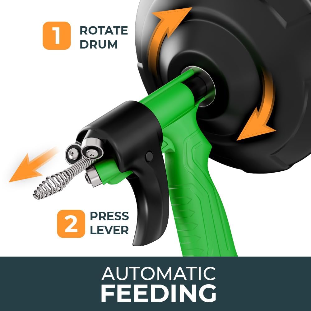 drain snake [25FT] - Auto Feed - Ideal plumbing snake for sink and drain unblocking - Solid drain auger for real DYIs!