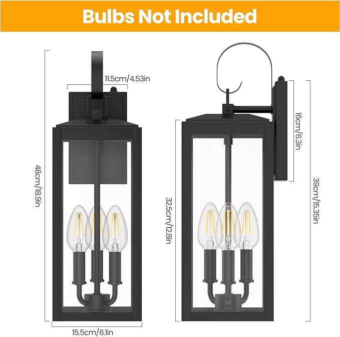 19 Inch Large Dusk to Dawn Outdoor Wall Light for House Exterior, 3-Light Outdoor Light Fixtures Wall Mount, E12 Black Modern Outside Porch Light Fixtures for House Garage Porch Patio Lights