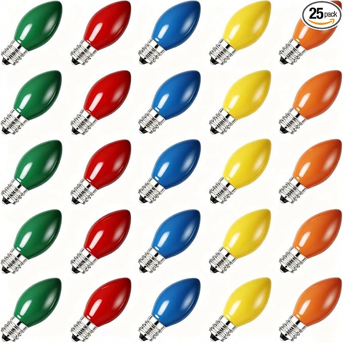 Abeja 25 Pack C7 Multicolor Christmas Replacement Bulbs 5w Vintage Ceramic Light Bulbs C7/E12 Candelabra Base Fits C7 Christmas Ornament Indoor Outdoor String Lights