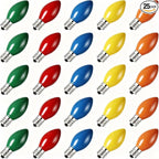 Abeja 25 Pack C7 Multicolor Christmas Replacement Bulbs 5w Vintage Ceramic Light Bulbs C7/E12 Candelabra Base Fits C7 Christmas Ornament Indoor Outdoor String Lights
