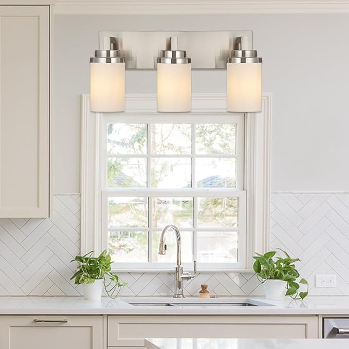 TODOLUZ 3-Lights Vanity Bath Light with Opal White Glass Shades, Modern Bathroom Lighting Over Mirror Brushed Nickel for Kitchen Hallway Bedroom Foyer