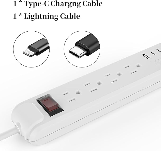 4-Outlet 6.5Ft Long Cord 2500W Power Strip Build-in Charging Cable and2 Type C (PD 23W) & USB (QC 3.0 5V3A) Fast Charging Ports (White)