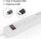 4-Outlet 6.5Ft Long Cord 2500W Power Strip Build-in Charging Cable and2 Type C (PD 23W) & USB (QC 3.0 5V3A) Fast Charging Ports (White)
