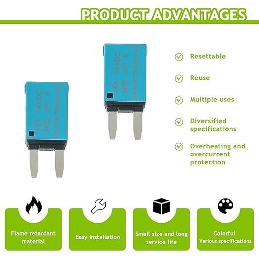 15A DC 12V-14V Auto Reset Circuit Breaker ATM Low Profile T1 Mini Blade Fuses Breakers for Car Trucks Marine Boat RV Solar and More,2 Pack