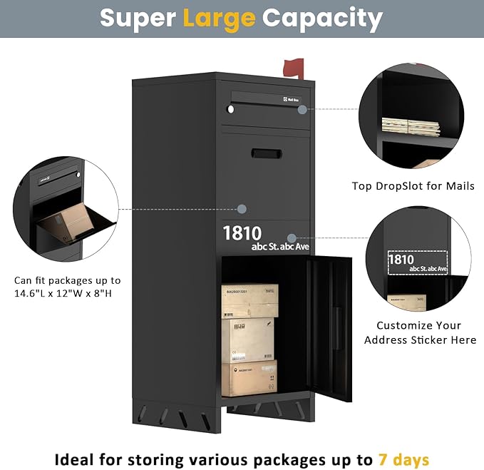 Package Delivery Boxes for Outside, Parcel Drop Boxes with Lock, Custom Address Stickers Package Drop Boxes for Outside is Weatherproof,Package Delivery Box for Porch,Need to Install (14.5*17.5*43 in)