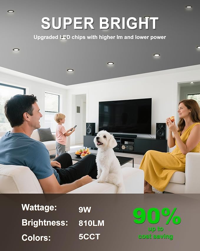 zouzai 16 Pack 4 Inch 5CCT Reset,Black LED Recessed Lights Dimmable 2700K/3000K/3500K/4000K/5000K, 9W Ultra Thin Recessed Lighting - ETL and Energy Star Certified