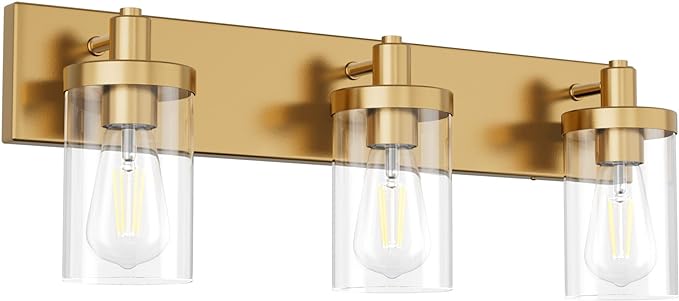 Aipsun Gold Vanity Light 3 Lights Bathroom Vanity Lighting Fixtures Over Mirror Bathroom Wall Light with Clear Glass Shade(Exclude Bulb)