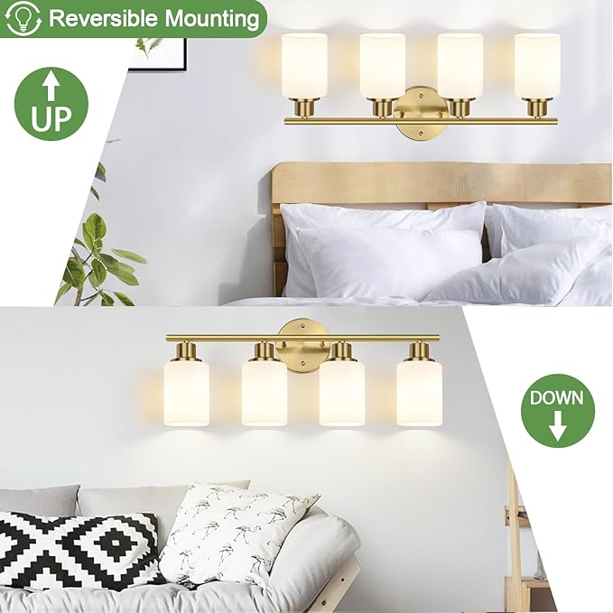 4-Light Bathroom Light Fixtures, Brushed Gold Modern Vanity Lights with Milky White Frosted Glass Shades, Bathroom Wall Lamp for Mirror Kitchen Living Room