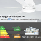 52 Inch White Ceiling Fans with Lights and Remote,LED Low Profile Flush Mount Ceiling Fan for Bedroom,Living Room, with Quiet DC Motor,Dimmable 6 Speeds