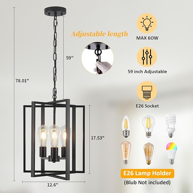 Black Farmhouse Modern Chandelier Light Fixture for Dining Room, 3 Light Rustic Kitchen Island Metal Pendant Hanging, Adjustable Geometric Foyer Light Fixtures for Entryway Hallway Living Room