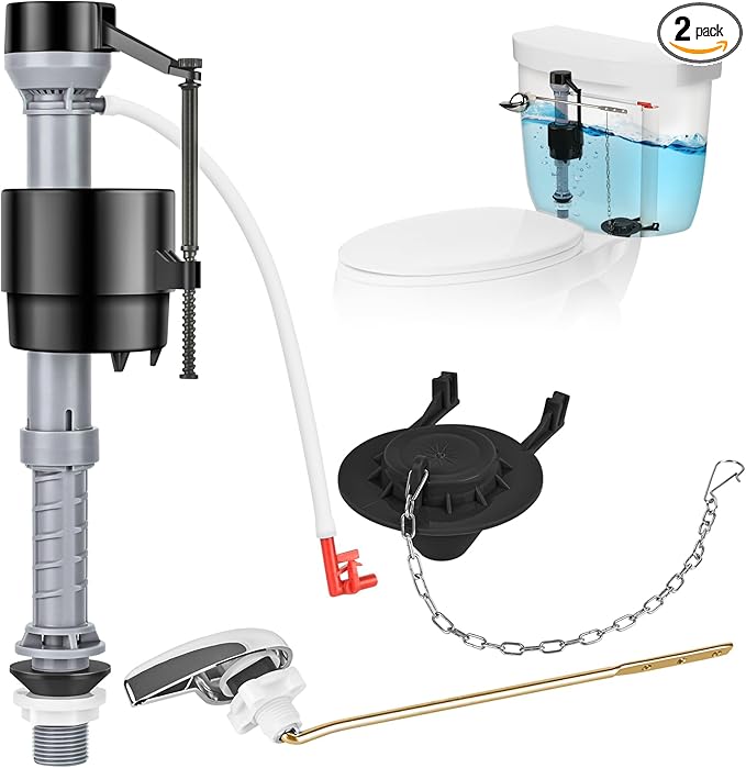 Universal Toilet Flusher Replacement Kit, Fill Valve, 2-Inch Flapper, Toilet Handle Lever, Adjustable, Quiet, Easy to Install, Complete Toilet Parts Inside Tank Kit (Black, 1-Pack)