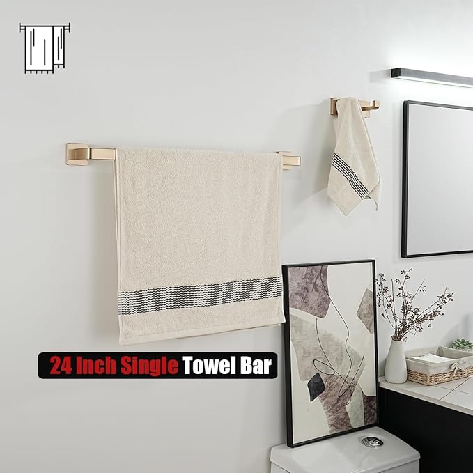 JQK Champagne Bronze Towel Bar, 24 Inch 304 Stainless Steel Thicken 0.8mm Towel Rack Bathroom, Towel Holder Wall Mount, Total Length 26.41 Inch, TB250L24-CB