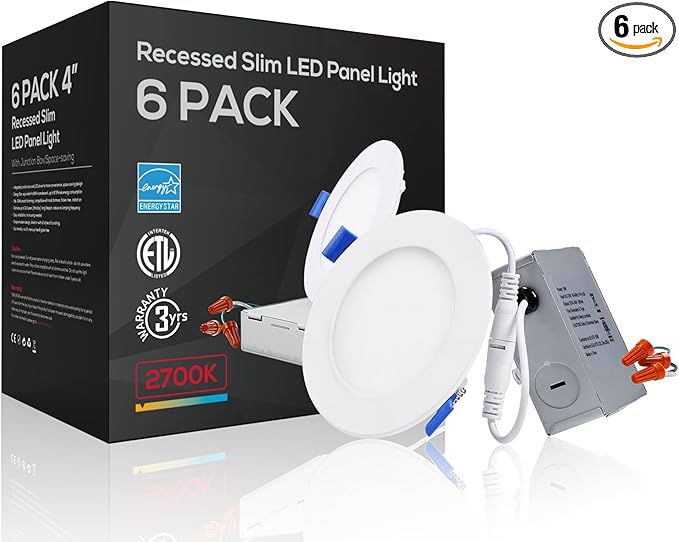 TORCHSTAR 4 Inch Slim Recessed Lighting with Junction Box, Dimmable 10W Ultra-Thin LED Recessed Light, 2700K Soft White, 650LM Basic Series LED Downlight, ETL & Energy Star, Pack of 6