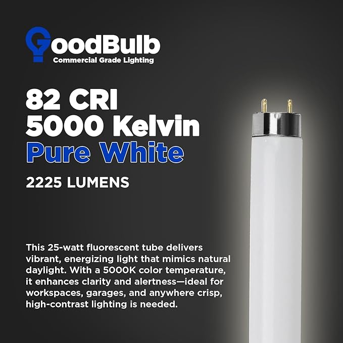 GoodBulb 25-Watt 36 Inch T8 Fluorescent Light Bulb 5000K Daylight White Color Medium Bi-Pin Base 2225 Lumens 86 CRI 36000 Life Hours Instant/Programmed Start Pack of 25 Bulbs