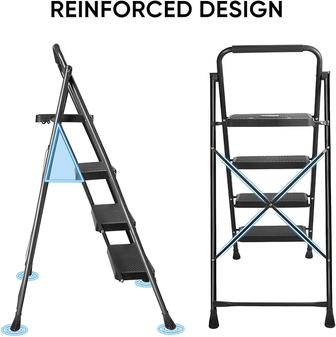 TICONN 4 Step Ladder, Heavy Duty Foldable Step Stool, Portable Steel Folding Stool for Household Garage Storage (Black)