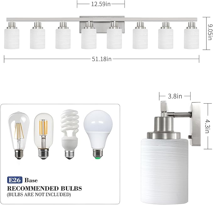 8-Light Bathroom Light Fixtures, 52inch Nickel Vanity Light with Milky White Glass Shade, Modern Bathroom Wall Lights Over Mirror, Farmhouse Wall Sconces Lighting for Bedroom Living Room
