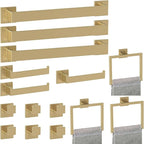Bathroom Accessory Towel Bar Set: 15 Pieces Gold Bathroom Hardware Square SUS304 Stainless Steel - Wall Mounted Towel Rack&Toilet Paper Holder&Towel Ring and Towel Hook