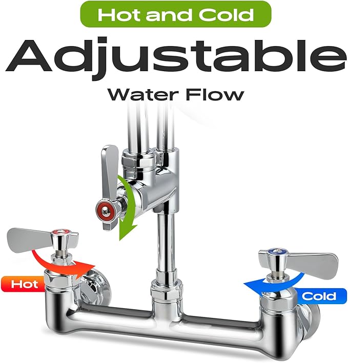 Commercial Sink Faucet with Sprayer 8 Inch Center Wall Mount Kitchen Sink Faucet with 10" Add-on Swing Spout 25" Height Faucet with Down Pre-Rinse Sprayer