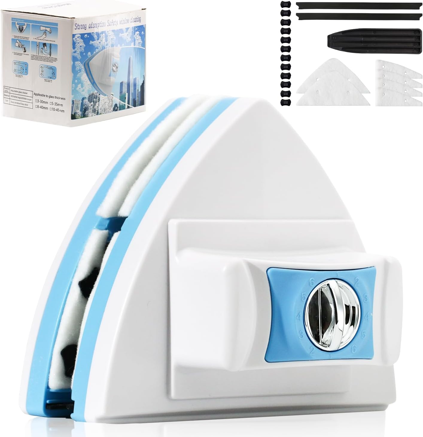 Double-Sided Magnetic Window Cleaner, Adjustable Magnetic Double Window Wiper, Equipment Cleaning Brush Tool, Suitable for 3-30mm Thickness of High-Rise and Automotive Glass Windows (1, Blue)