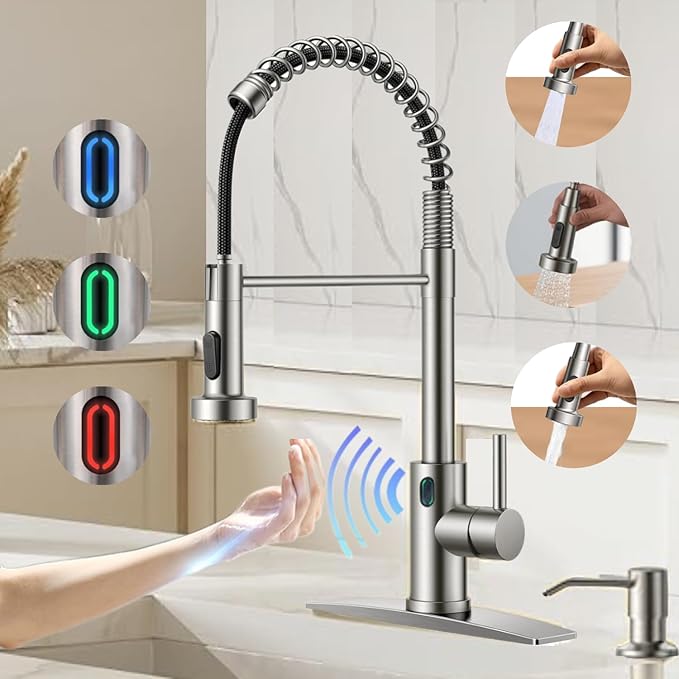 Touch-Less Kitchen Faucet, 3 Modes Pull Down Sprayer, LED Temperature Control,Ceramic Valve, 360-Degree Rotation, 1 or 3 Hole Deck Plate. 10-Year Warranty. (KW-79SN, Brushed Nickel)