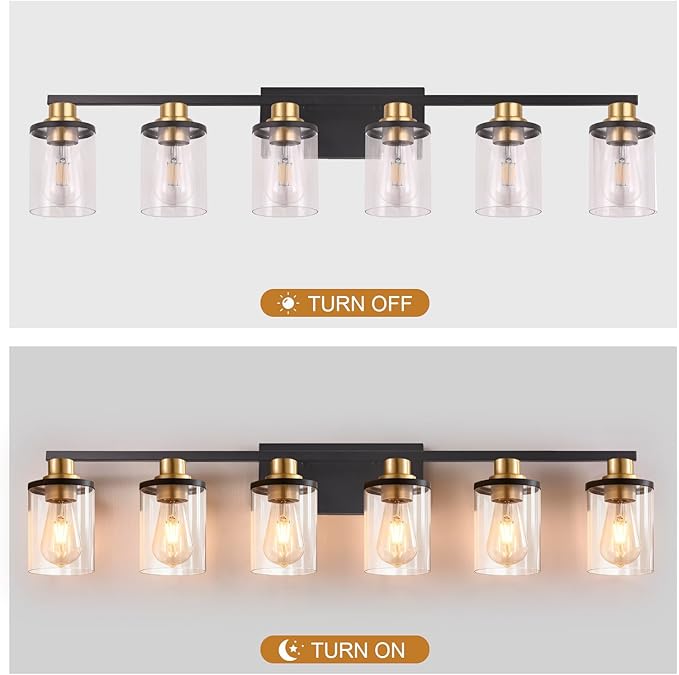 Modern 6-Light Bathroom Vanity Light Fixtures Over Mirror, Black Wall Lamp for Over Sink Bathroom，Farmhouse Wall Sconces with Clear Glass Shade for Bedroom,Living Room