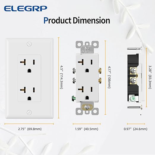 ELEGRP Glossy White Decorator Electrical Wall Outlet Receptacle, 20A 125V Standard Outlets, 2 Pole 3 Wire, Non-Tamper Resistant, NEMA 5-20R, Self-Grounding, Wall Plate Included, UL Listed, 50 Pack