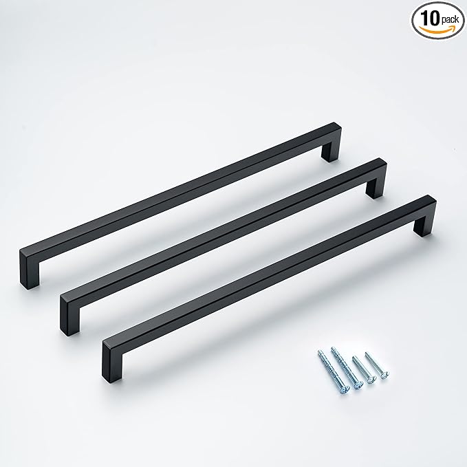 10 Pack 12-3/5 Inch Hole Center Matte Black Square Cabinet Pulls Cupboard Handles Modern Stainless Steel Black Kitchen Cabinet Handles and Pulls, Drawer Handles