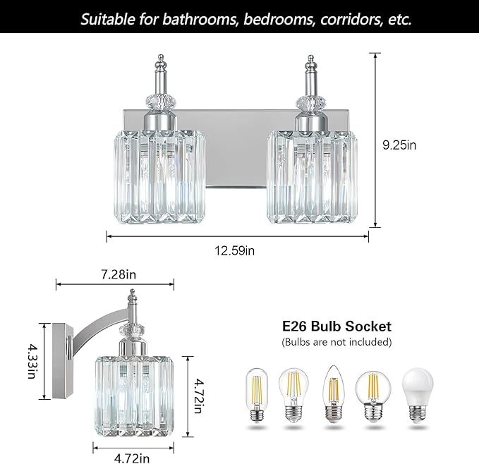 Crystal Vanity Lights Chrome 2 Light Bathroom Light Fixtures Over Mirror Modern Vanity Light for Bathroom