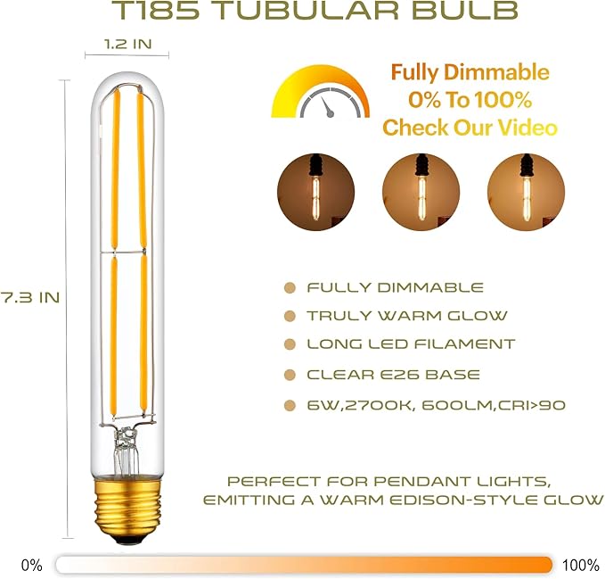 Long T10 LED Bulb, 7.3in Vintage Edison Dimmable Bulb 6W 2700K Warm White Tubular Bulbs, E26 Medium Base Clear 600LM 60W Equivalent for Cylinder Pendant Wall Sconces Chandelier Vanity 6Pack