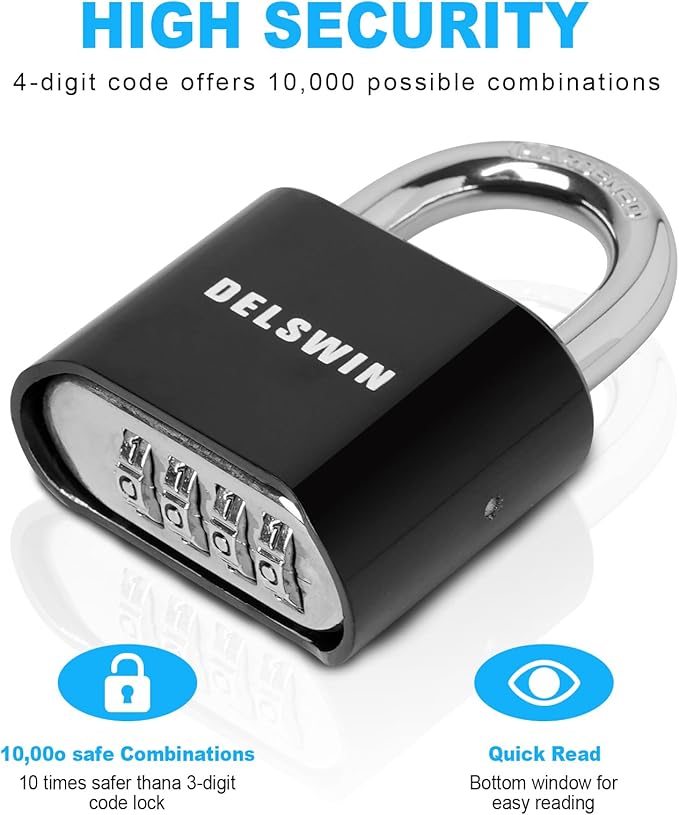 DELSWIN 4-Digit Combination Lock Outdoor Padlock - Heavy Duty Locker Lock with Hardened Steel Shackle, Waterproof Combo Lock for Gym Locker, Hasp Storage, Shed, Fence, Gate (Black,2Pcs)