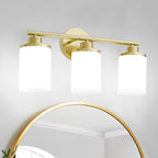Brushed Gold Bathroom Light Fixtures, 3-Light Gold Vanity Lights with Frosted Glass Shades, Mid-Century Modern Wall Sconces for Living Room