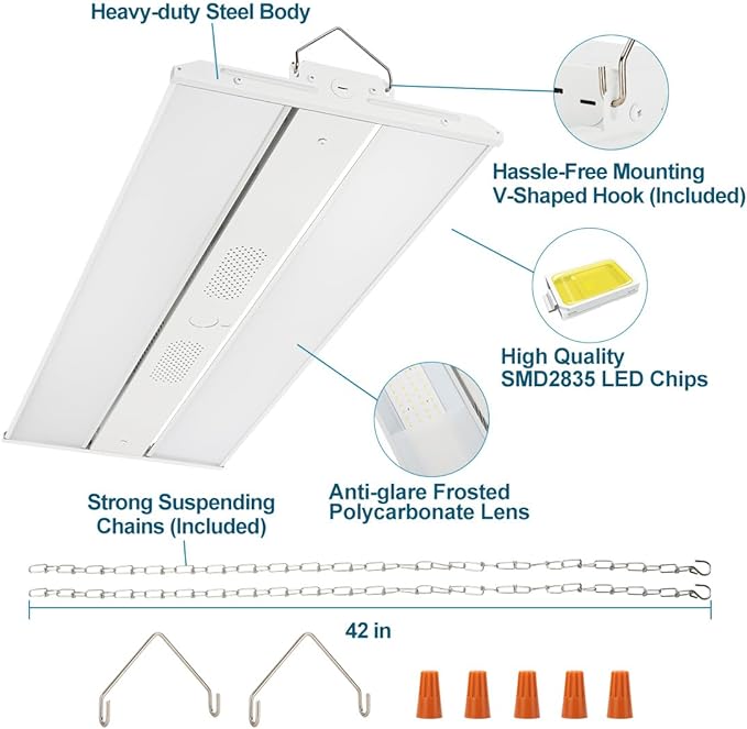 High Bay LED Shop Light 300W 42000LM 5000K 100-277V Dimmable, 3FT Commercial Grade Linear Bay Lights for Warehouse Workshop Supermarket Stadium, Power Tunable 300W/220W/165W, ETL 2 Pack