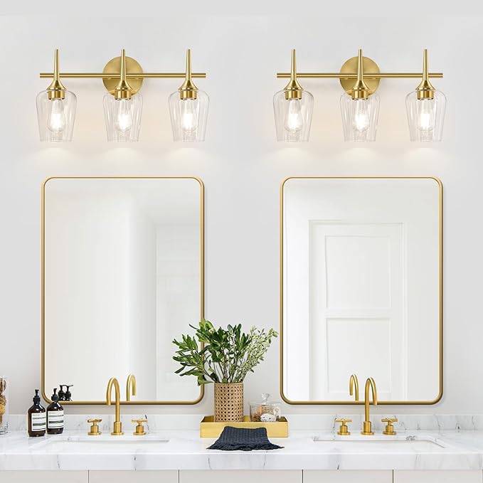 3-Light Bathroom Light Fixtures, 19.5 Inch Brushed Gold Vanity Lights with Wine-Glass Shape, Bathroom Lights Over Mirror, Modern Wall Lamps for Bedroom Living Room Hallway