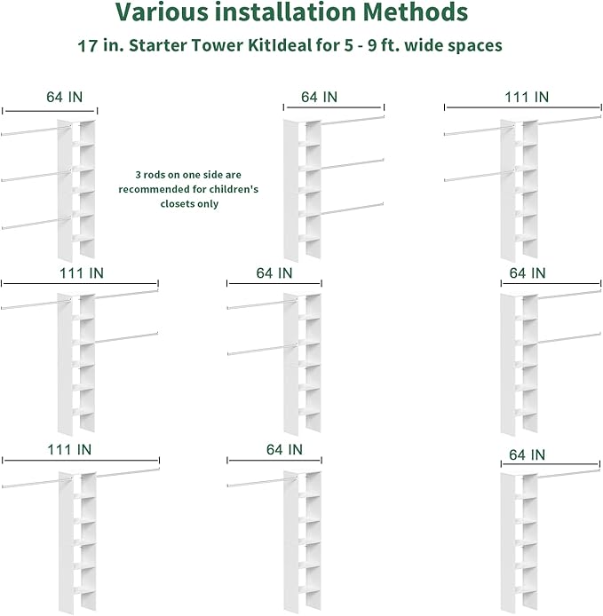 Closet System, 17" Wide Organizer with 3 Hanging Rods, Wood Tower Storage for Walk-In Closets, Wall-Mounted Wardrobe Organizer Kit, White