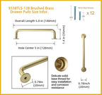 Goo-Ki 6 Pack Brushed Brass Cabinet Drawer Pulls, 5.04 Inch(128mm) c-c Solid Zinc Alloy Modern Bar Handles Dresser Pull Kitchen Hardware for Closet Wardrobe Cupboard Furniture, 9338TLS-128