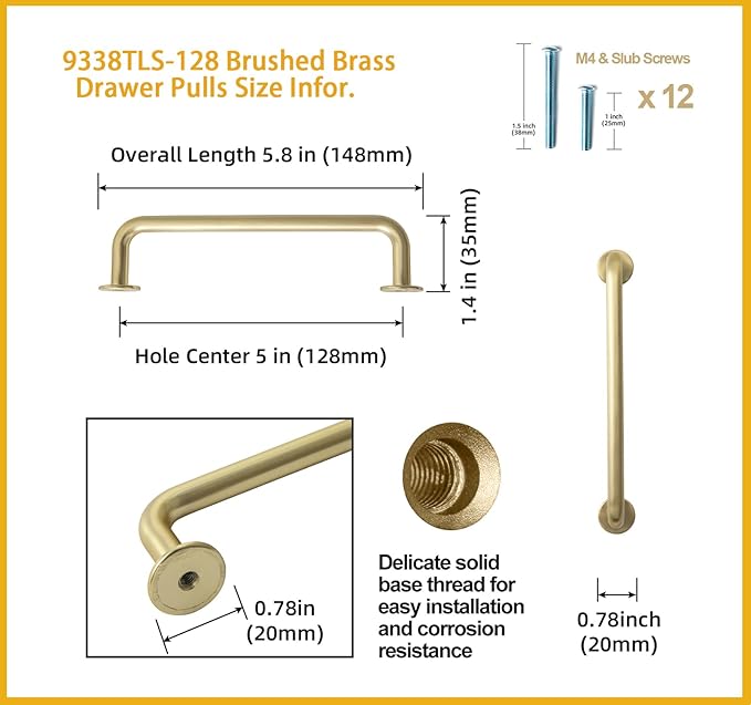 Goo-Ki 6 Pack Brushed Brass Cabinet Drawer Pulls, 5.04 Inch(128mm) c-c Solid Zinc Alloy Modern Bar Handles Dresser Pull Kitchen Hardware for Closet Wardrobe Cupboard Furniture, 9338TLS-128