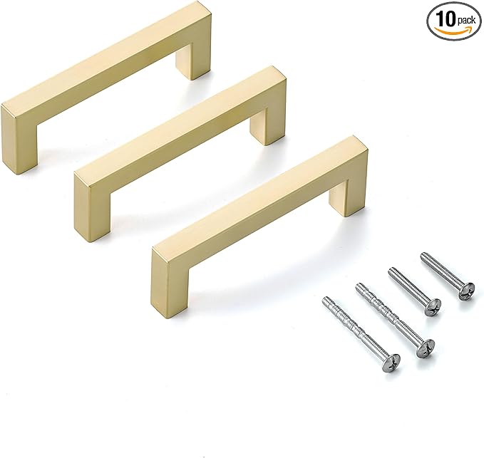 10 Pack Brushed Gold Cabinet Handles 3 3/4 Inch Hole Centers Square Cabinet Pulls Brass Plated Stainless Steel Kitchen Cabinet Handles Gold Hardware for Cabinets Drawer Pulls