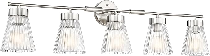Brushed Nickel Bathroom Vanity Light, HWH 5-Light Bathroom Light Fixtures Modern Wall Vanity Lamp for Bathroom Over Mirror, Clear Striped Glass Shade, 5HZG97B-5W BN