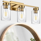 3-Light Bathroom Vanity Light, Modern Brushed Gold Wall Lights with Clear Glass Shades, Bathroom Wall Sconce Lamp for Mirror Living Room Bedroom Hallway