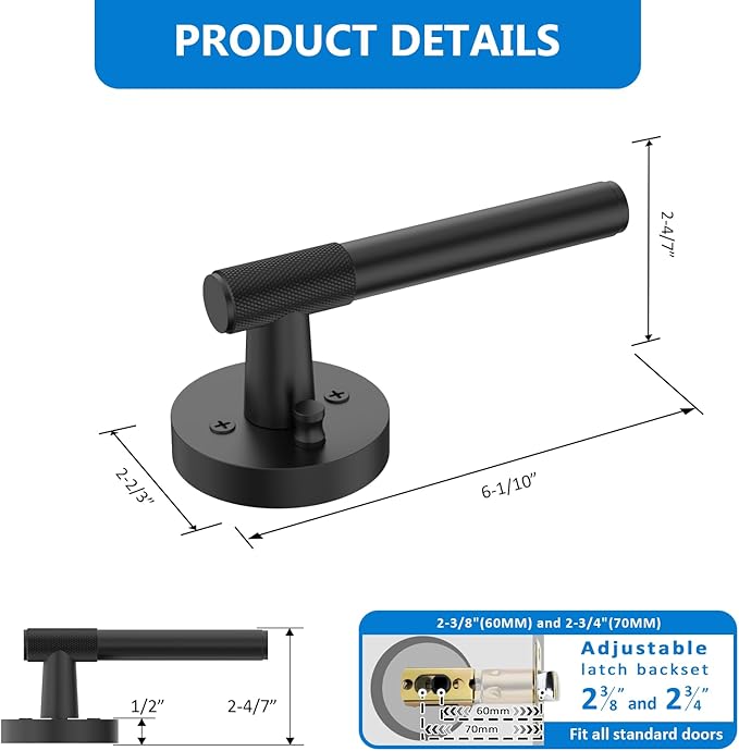 Amerdeco 4 Pack Matte Black Door Handles Interior,Knurled Privacy Door Handles with Lock,Heavy Duty Black Door Lever for Bedroom or Bathroom,Reversible Keyless for Left Right Handed Doors AM0027