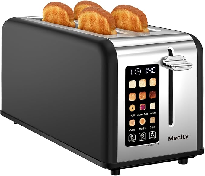 Mecity 4 Slice Toaster with Touchscreen Long Slot, Stainless Steel Smart Bread Toaster for Bagel Muffin Waffle Gluten Free Breads, Timer, Defrost, Reheat, 120V 1400W