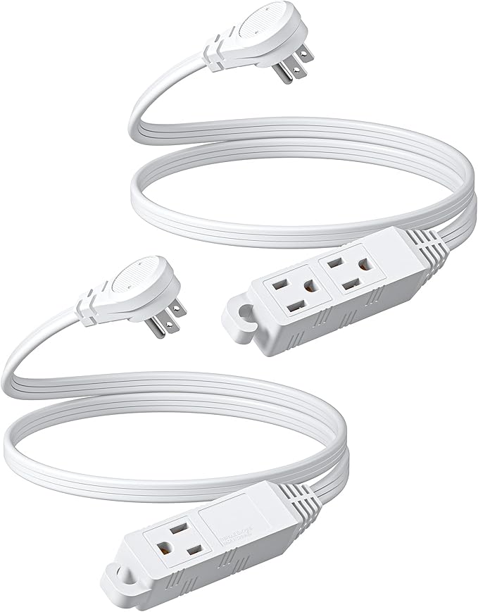 DEWENWILS 3 Outlet Extension Cord with Flat Plug, 3FT 16/3 Awg Grounded Power Cable for Indoor Use, SPT-3 Cord, White, ETL Listed, 2 Pack