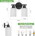 2-Light Vanity Lights, Black Bathroom Light Fixture with Striped Textured Milky White Glass Shade, Modern Vanity Lighting Fixture for Bathroom Wall Light Over Mirror, E26 Wall Sconce