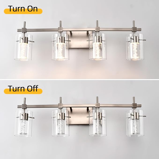Bathroom Light Fixtures 4-Light, Brushed Nickel Vanity Light Over Mirror Dimmable 3 Color (3000K/4000K/6000K), Eye Protection LED Bathroom Lights Wall lamp Over Mirror with Clear Glass Shade